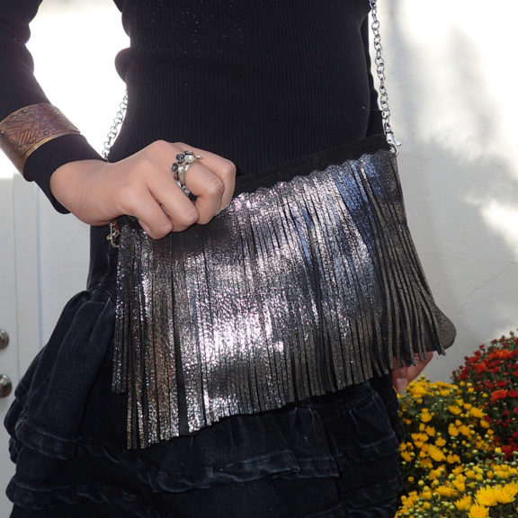 LARA B DESIGNS Maya Leather Fringe Crossbody/Shoulder Bag - Black Platinum