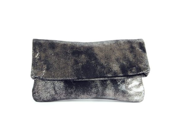 LARA B DESIGNS Alexa Leather Fold Over Clutch - Black Platinum