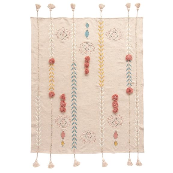 Cotton Embroidered Pink Throw With Tassels & Applique