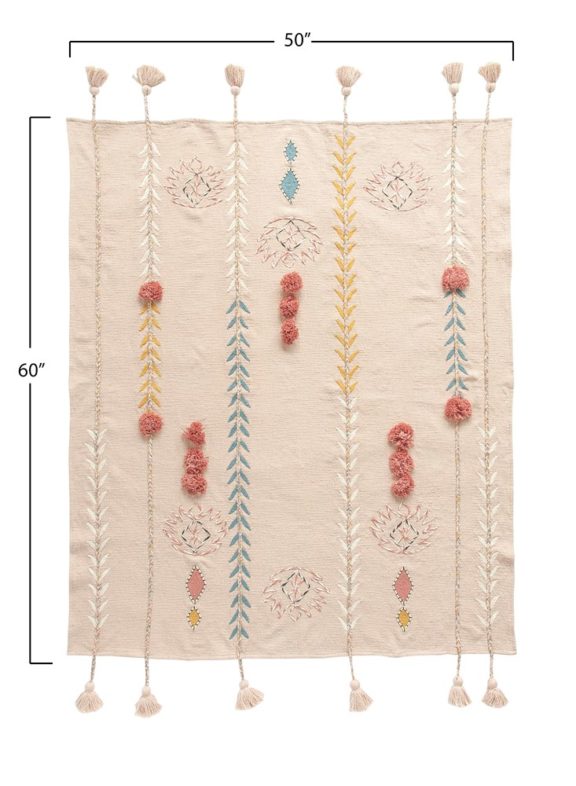 Cotton Embroidered Pink Throw With Tassels & Applique