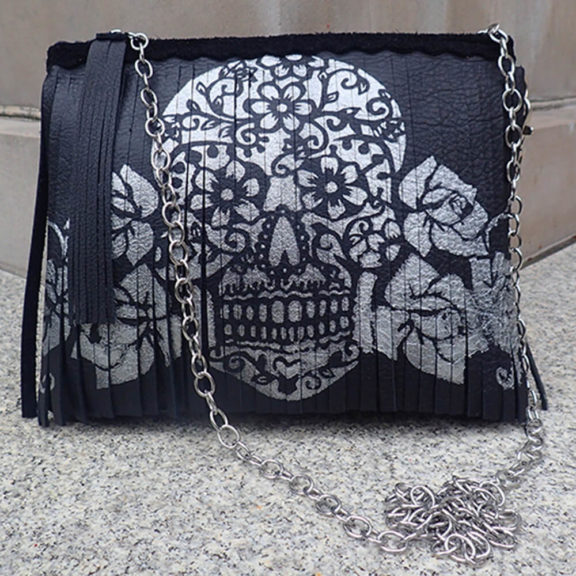 LARA B DESIGNS Sugar Skull Collection - Maya Leather Fringe Crossbody/Shoulderbag - Black Matte/Silver