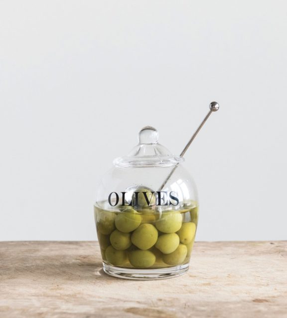 "Olives" Glass Jar With Stainless Steel Slotted Spoon (Set of 2)