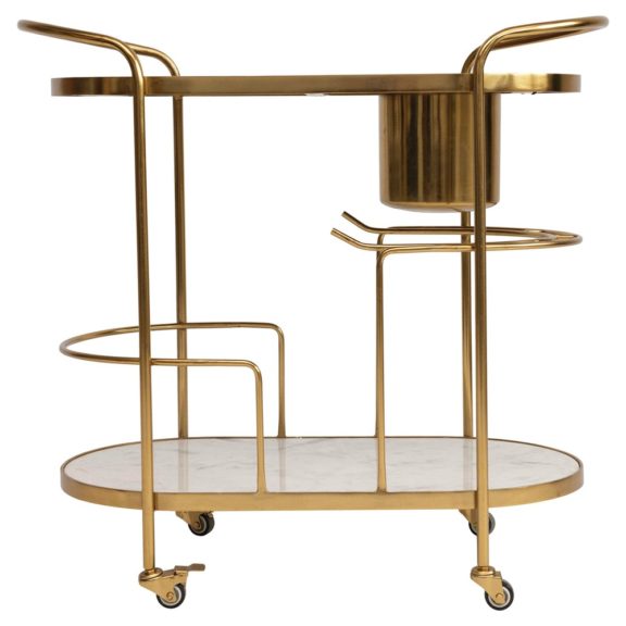 Gold Metal 2-Tier Bar Cart With Built-In Ice Bucket & Marble & Wood Shelves