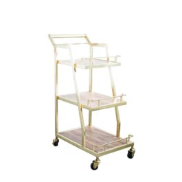 Metal 3-Tier Bar Cart With Mango Wood Shelves and Brass Finish
