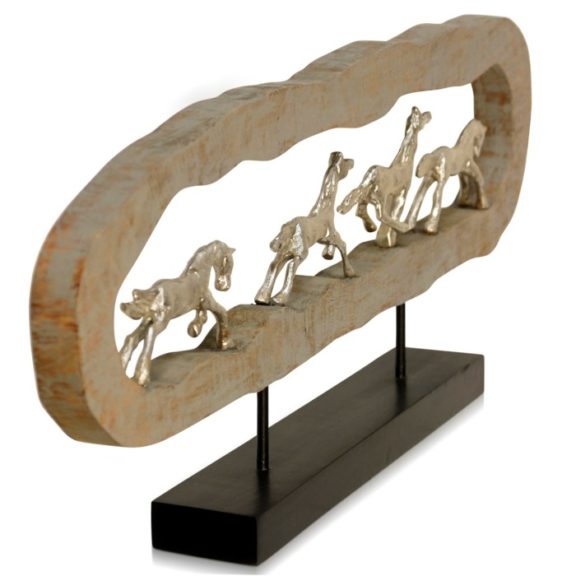 Natural Wood Oval Sculpture With Gold Dashing Horses