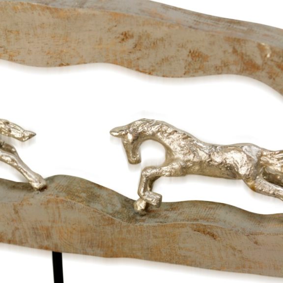 Natural Wood Oval Sculpture With Gold Dashing Horses