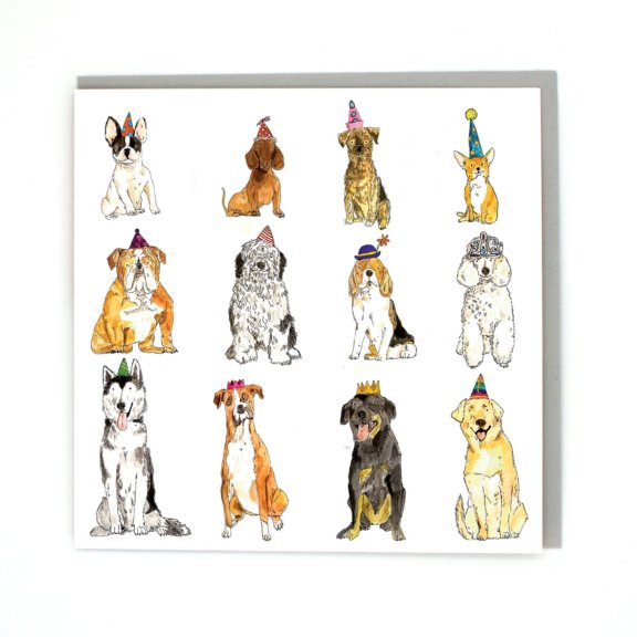 Illustrated Festive Dogs Wearing Party Hats Greeting Card