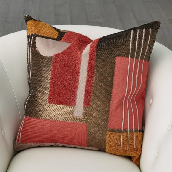Modernist Multicolored Embroidered Pillow With Sequin Accents