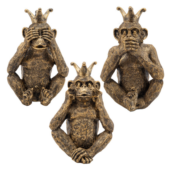3 Gold Monkeys With Crowns Sculptures