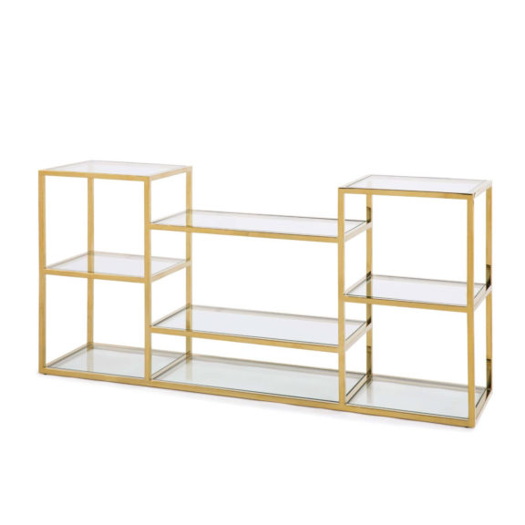 Glass Console Table With Gold Trim Accents - Dog & Pony Show