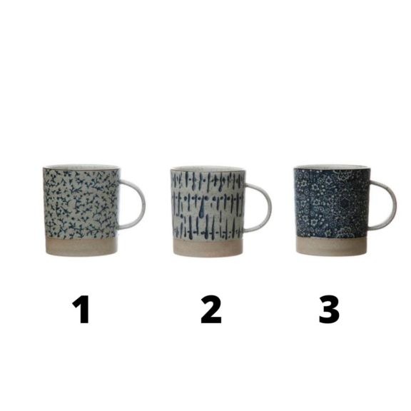 Hand Stamped Stoneware Mugs – Blue & Cream (3 Styles) - Dog & Pony Show