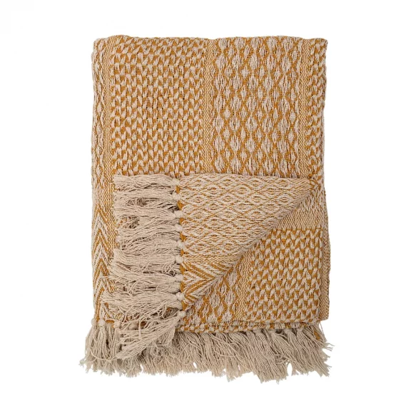 Recycled Cotton Blend Knit Throw with Fringe - Yellow