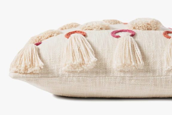 Ivory & Pink Pillow with Fringe Tassels w/ Down Insert (22" x 22")