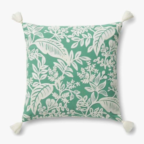 RIFLE PAPER CO. Tropical Floral Pillow - Sage & White w/ Down Insert (22" x 22")