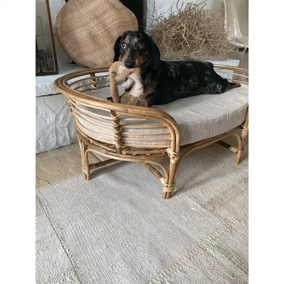 Rattan Dog Bed With Cotton Cushion - Natural & Grey