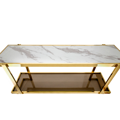Gold Metal, Marble & Glass Console Table