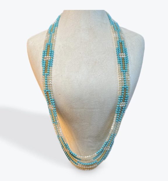 L ABRAMS ORIGINALS Striking Long Multi-Strand Patchwork Faux Turquoise Runway Necklace - Dog & Pony Show