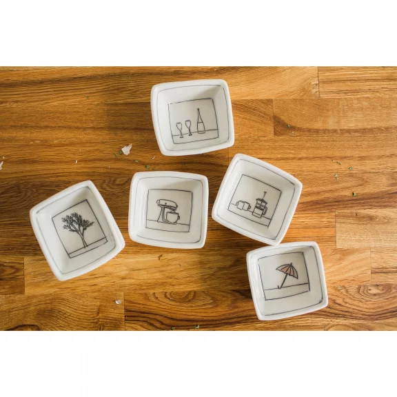 Tiny White Square Porcelain Dishes w/ Hand-Etched Image