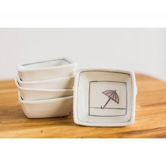 Tiny White Square Porcelain Dishes w/ Hand-Etched Image - Dog & Pony Show