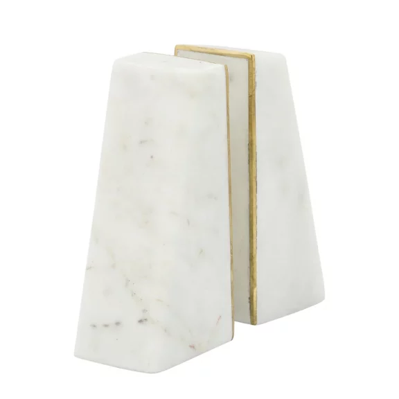WHITE MARBLE 7"H SLANTED BOOKENDS w/ GOLD TRIM