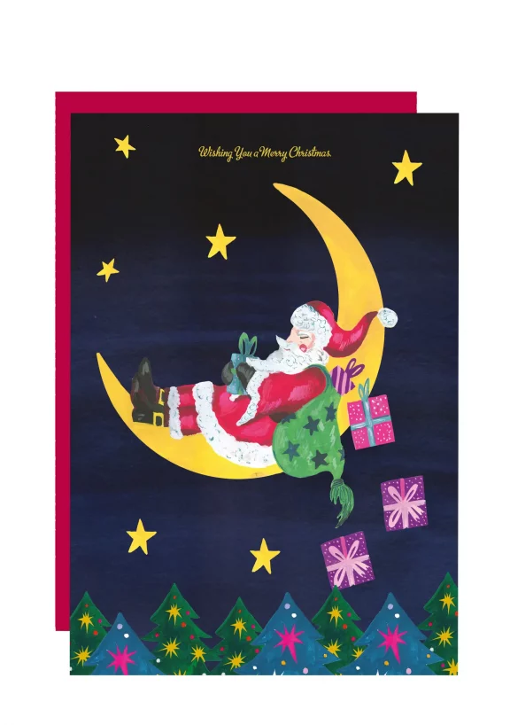 Santa on Moon - Christmas Card