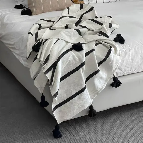 Moroccan Blanket White and Black Tassels 59x59