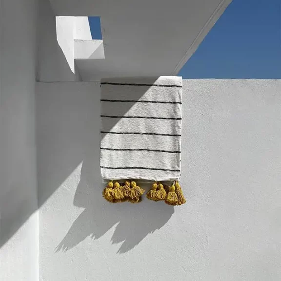 Moroccan Throw Blanket White w/ Yellow Ochre Tassels 59x59