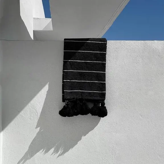 Moroccan Throw Blanket Black w/ Silver Stripes 59x59