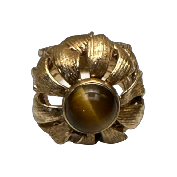 Vintage Tiger's Eye Gold Floral Cocktail Ring Sz 5